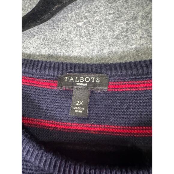 Talbots Sweater Women 2X Navy Striped Crewneck Nautical Coastal Sailor Chunky - Picture 2 of 7